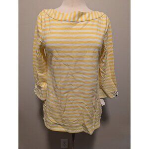 Talbots Yellow & White Striped Cotton 3/4 Sleeve Boat neck Top Medium